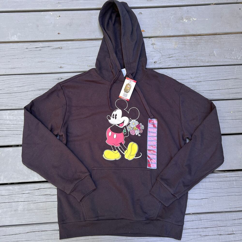 Disney Mickey Mouse Floral Bouquet Black Pullover Fleece Hoodie NWT XL